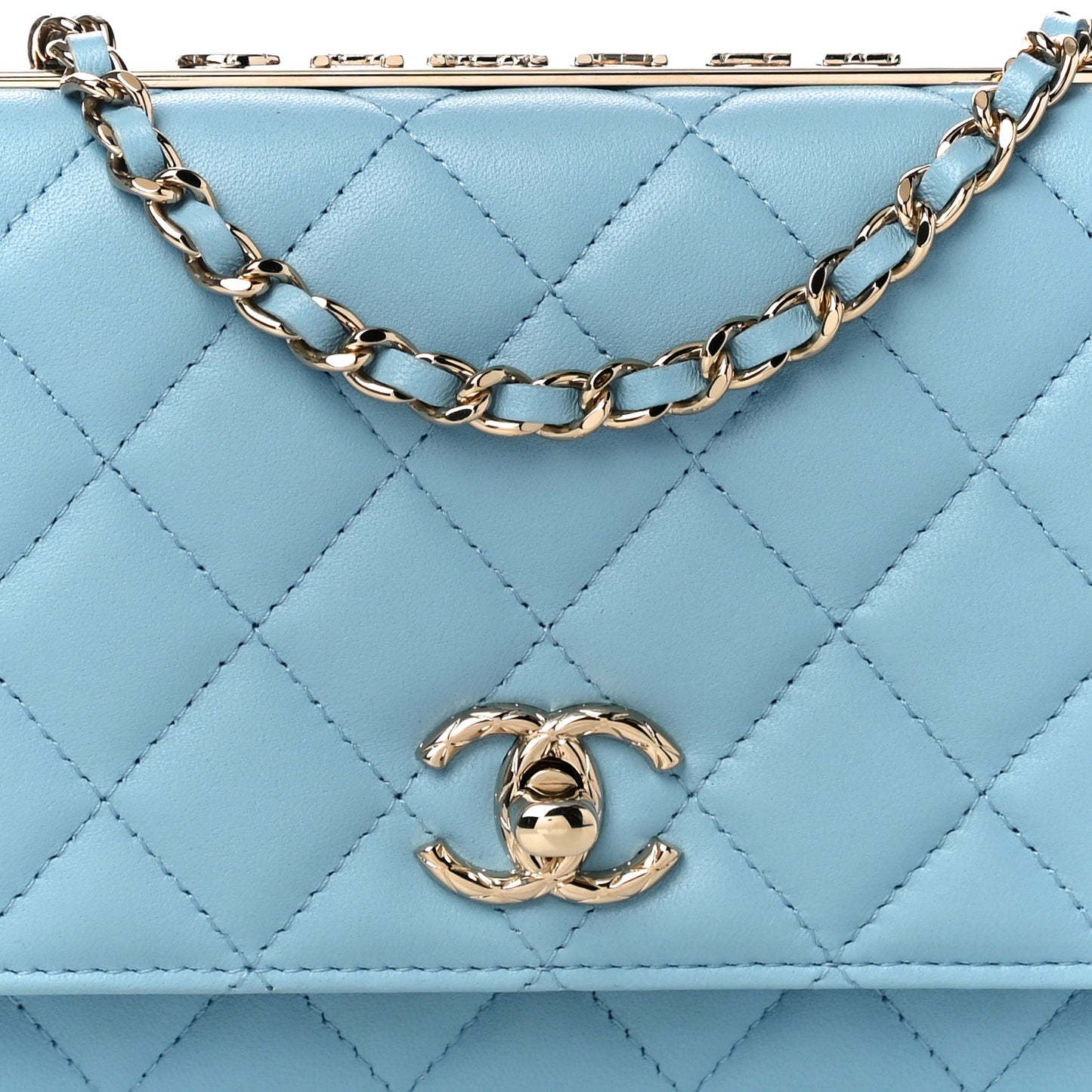 Lambskin Quilted Trendy CC Wallet On Chain WOC Light Blue