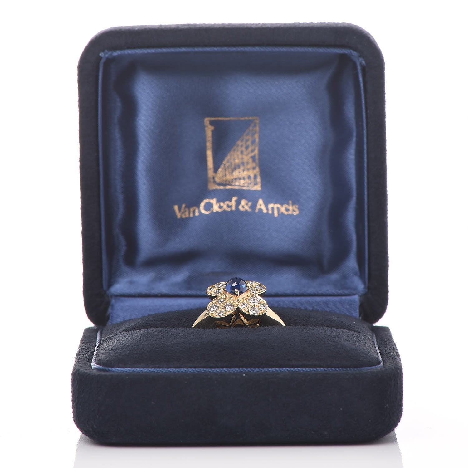 Van Cleef & Arpels 18K Yellow Gold Diamond Blue Sapphire Trefle Ring 50 5.5 9 of 9