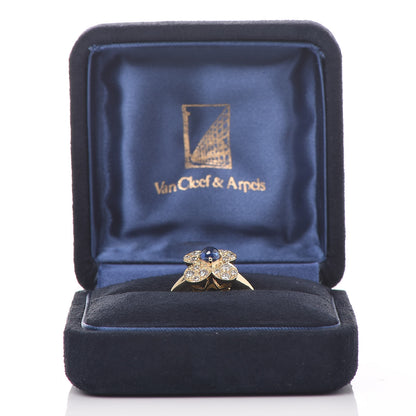 Van Cleef & Arpels 18K Yellow Gold Diamond Blue Sapphire Trefle Ring 50 5.5 9 of 9
