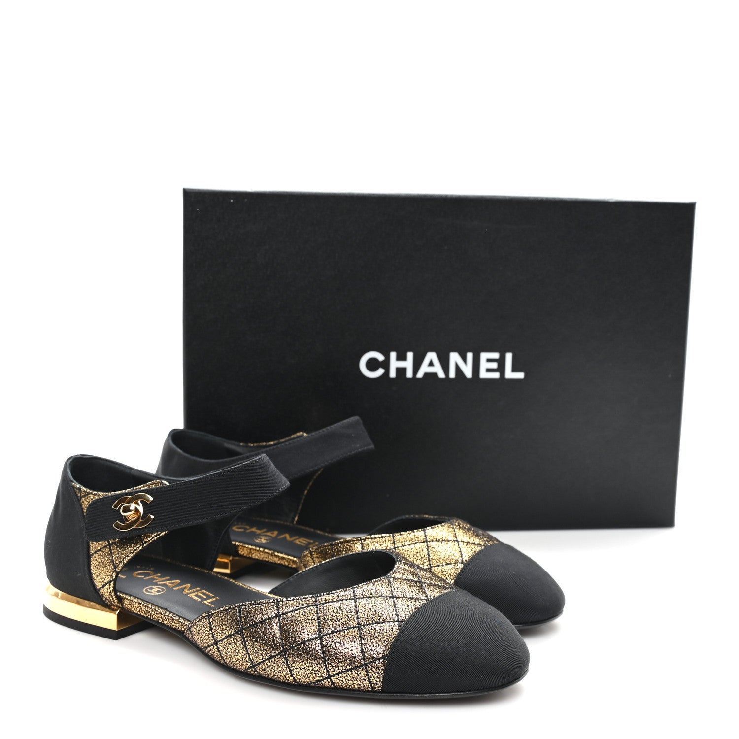 Chanel Laminated Suede Kidskin Grosgrain Quilted Cap Toe Ballerina Flats 36.5 Gold Black 19 of 20