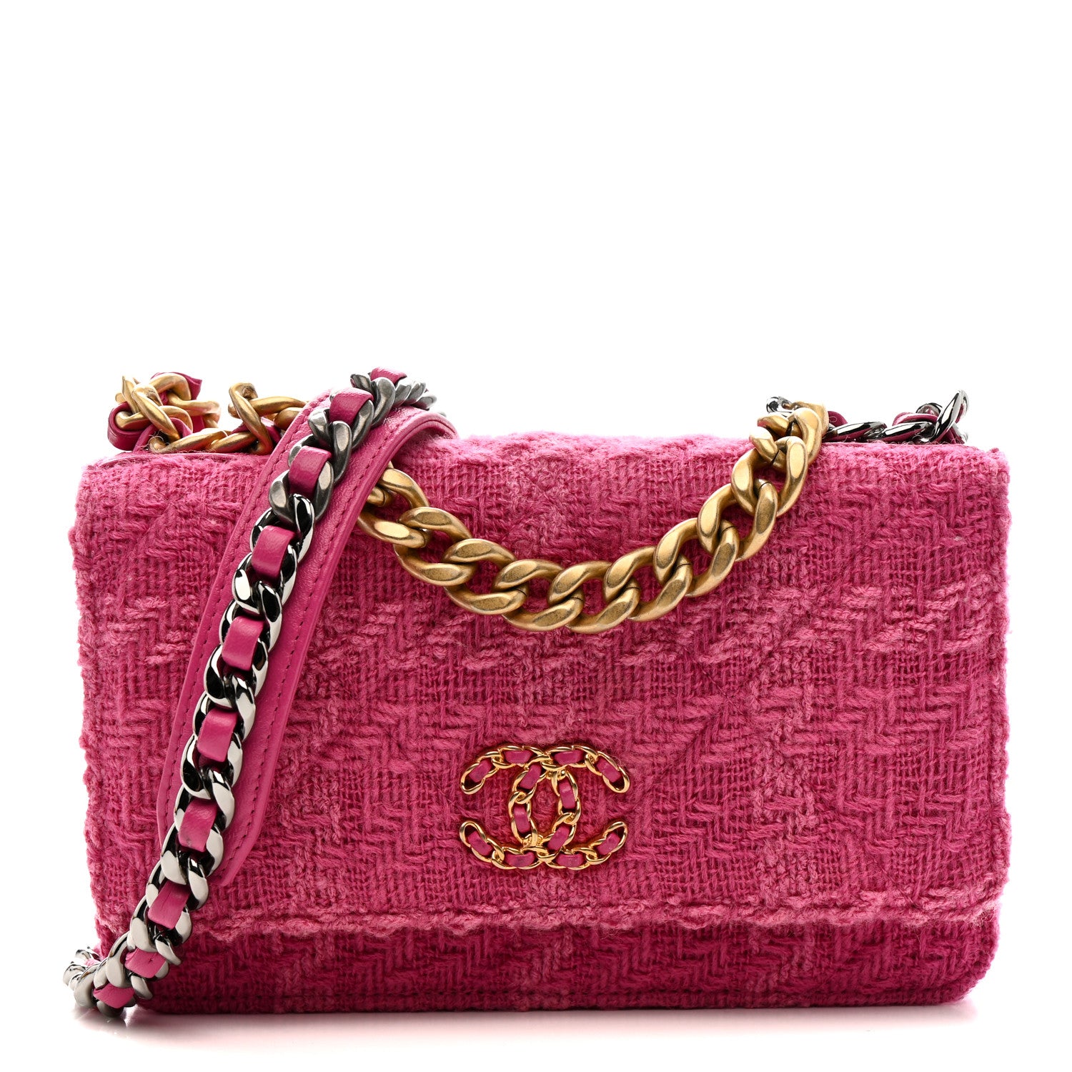 Chanel Wool Tweed Lambskin Quilted Chanel 19 Wallet On Chain WOC Fuchsia 1 of 10