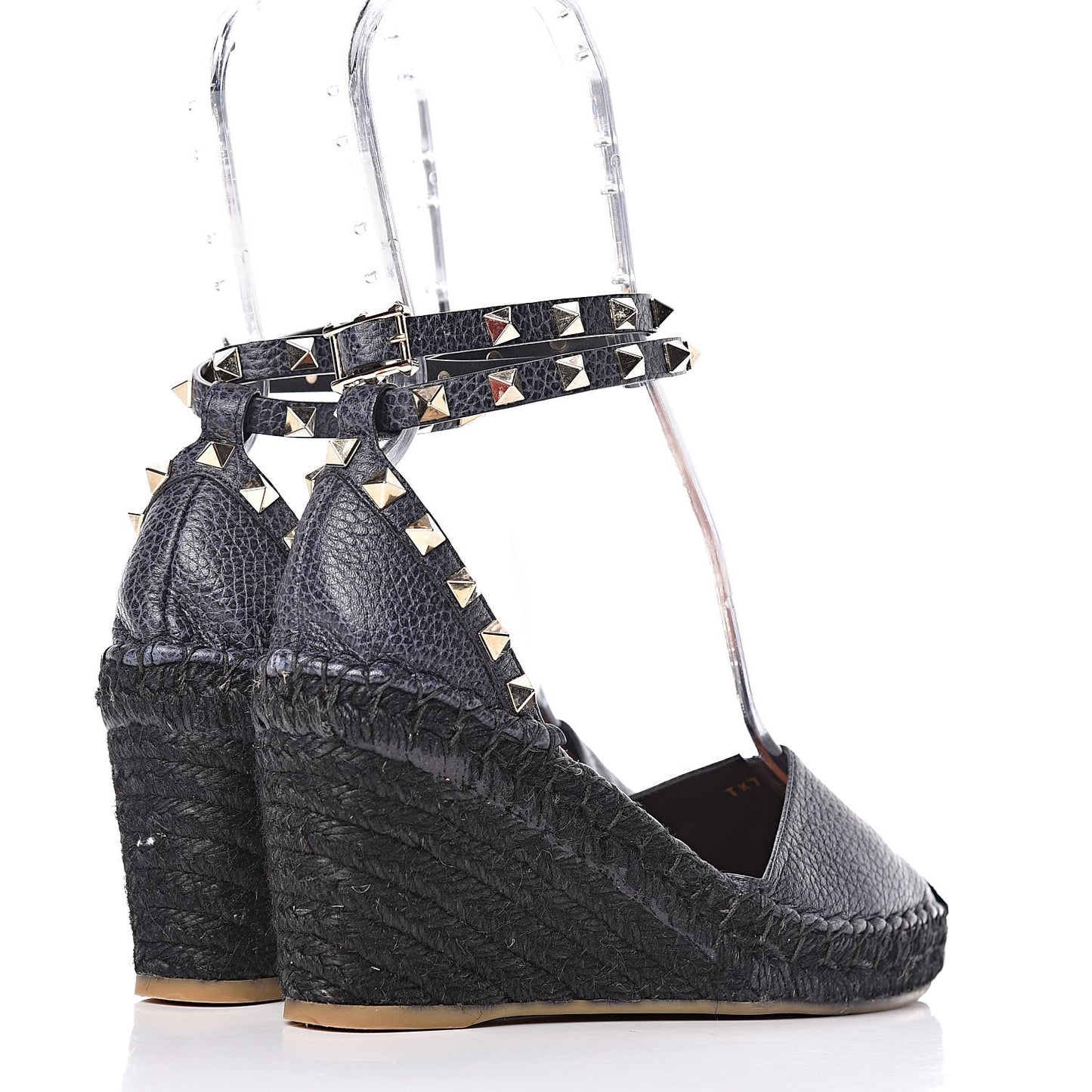 Grained Calfskin Rockstud Ankle Wrap Espadrille 15/75mm Wedges 36 Deep Denim