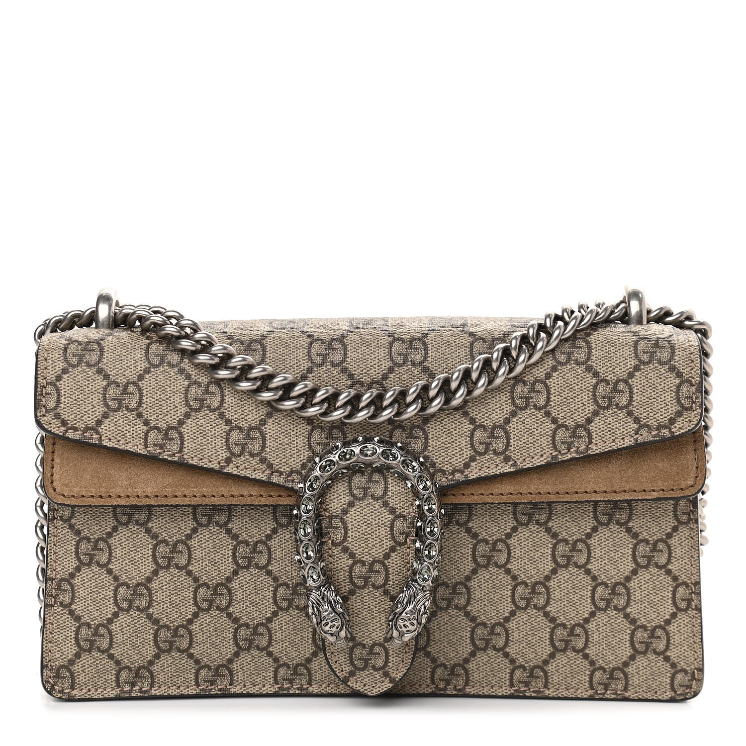 Gucci GG Supreme Monogram Suede Crystal Small Dionysus Shoulder Bag Beige Ebony Taupe 1 of 8