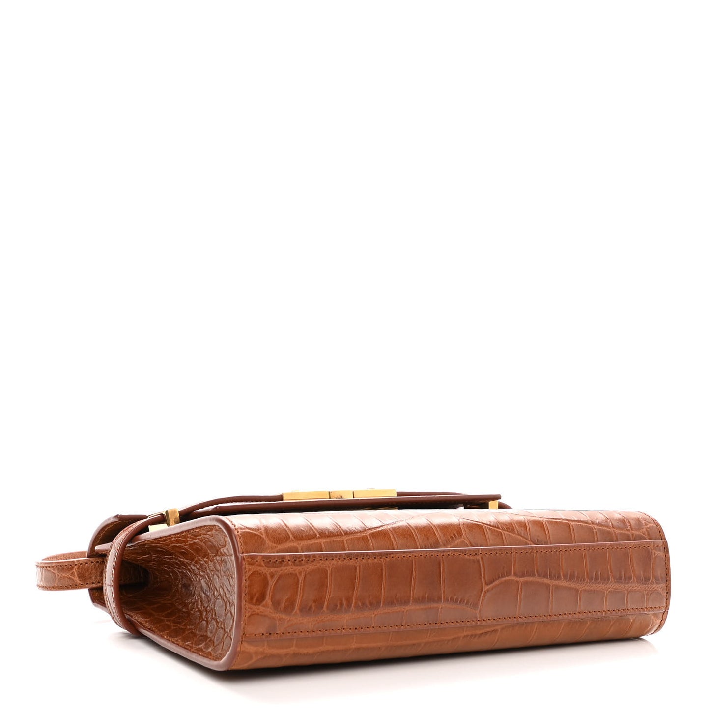 Shiny Calfskin Crocodile Embossed Small Manhattan Baguette Dark Caramel