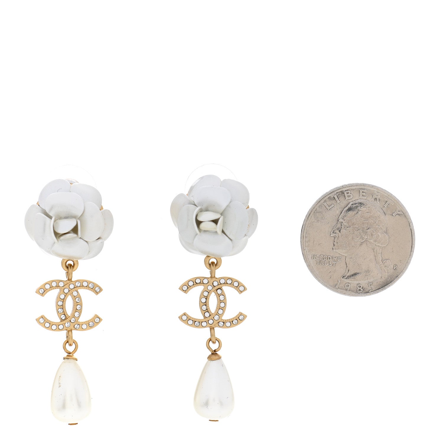 Chanel Metal Crystal Pearl 90s Camellia CC Drop Earrings Gold 2 of 5