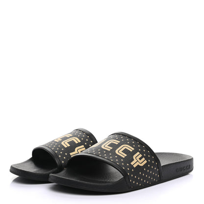 Gucci X SEGA Supreme Canvas GUCCY Stars Womens Slide Sandals 37 Black Gold 3 of 7