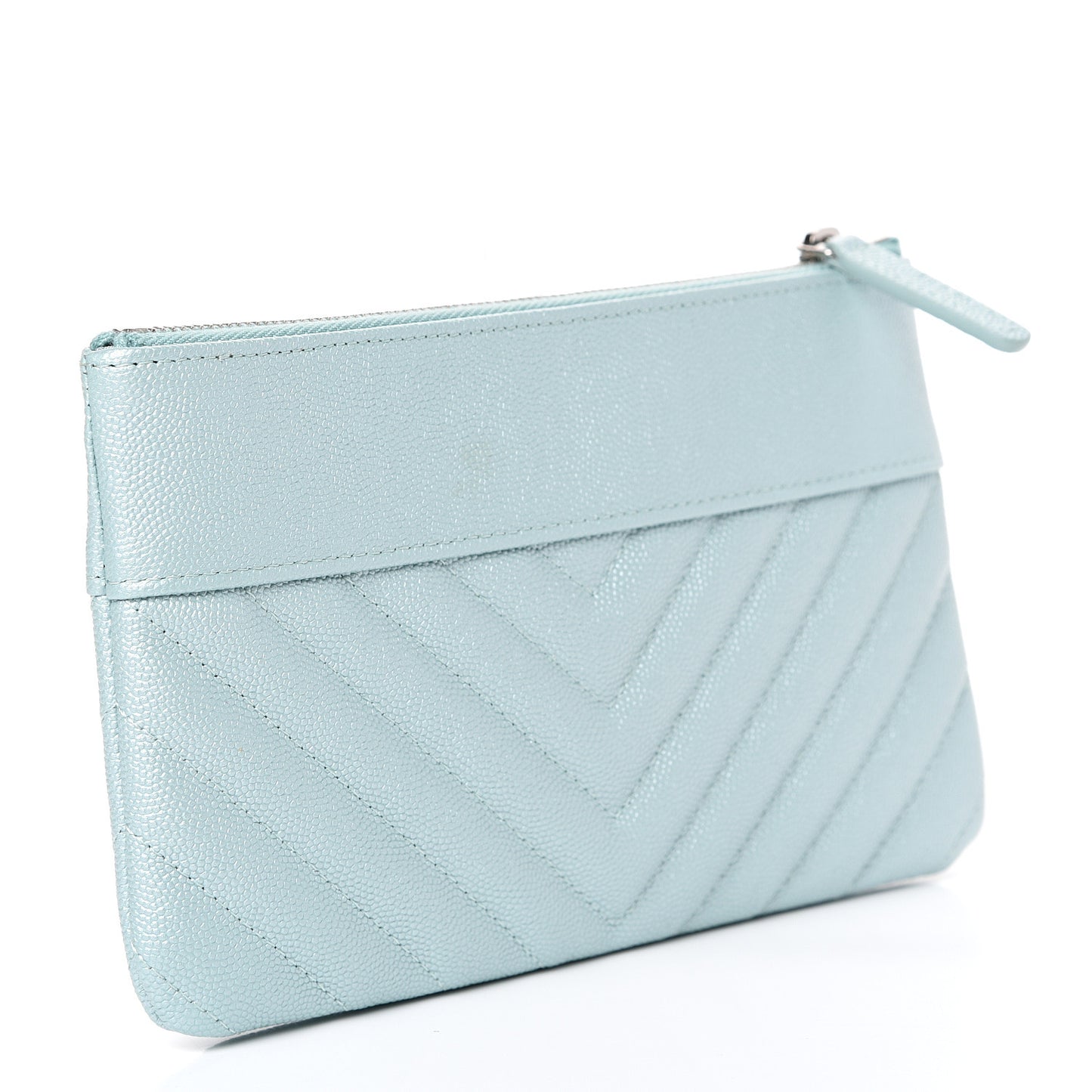Metallic Caviar Chevron Quilted Mademoiselle Vintage Zip Pouch Light Blue