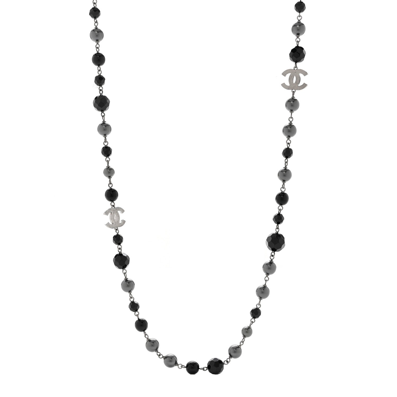 Chanel Pearl Beaded CC Long Necklace Silver Black 1 of 5