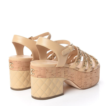 Chanel Lambskin Chain Cork Wedge Sandals 37 Beige 4 of 11