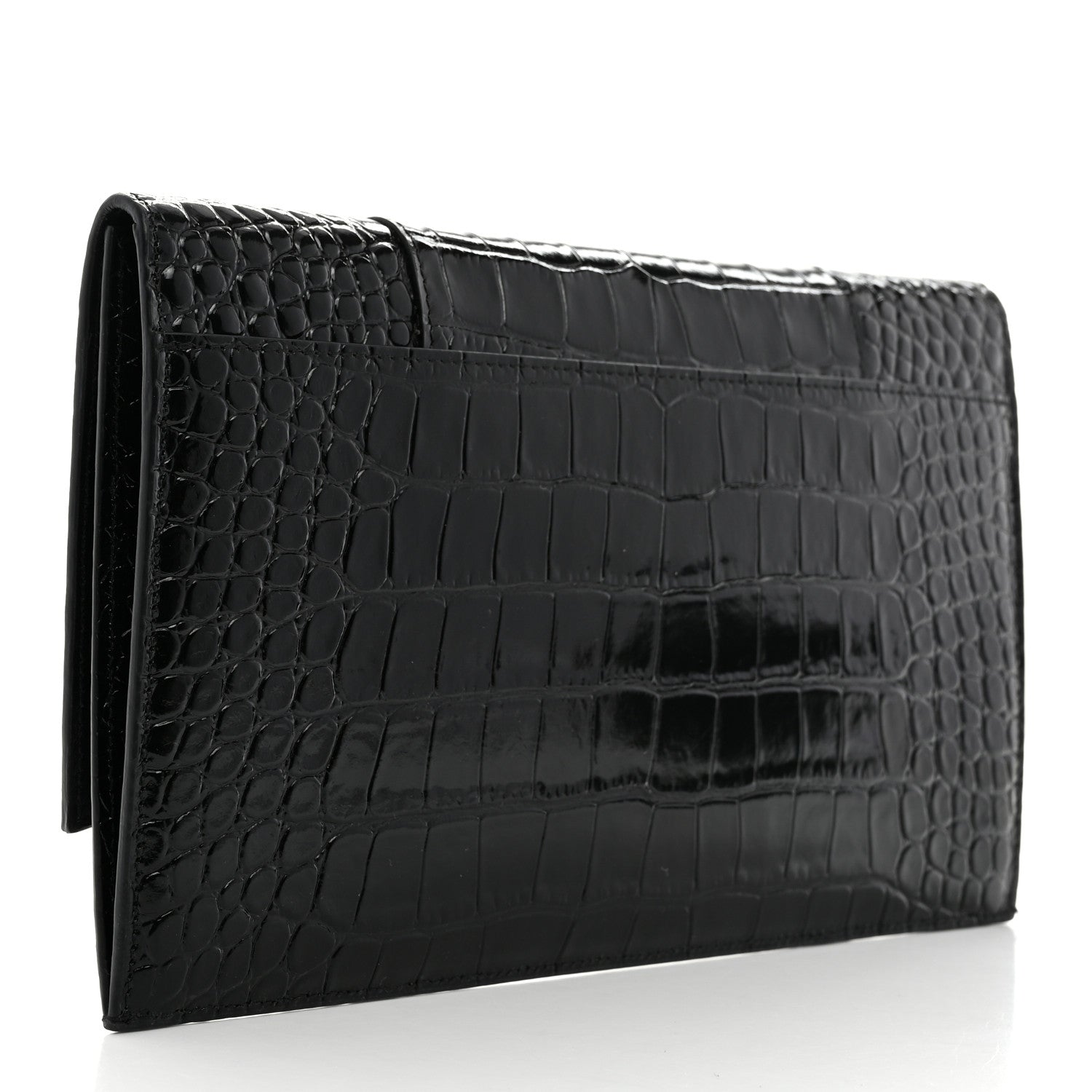 Balenciaga Shiny Calfskin Crocodile Embossed Hourglass Flap Flat Pouch Black 3 of 6