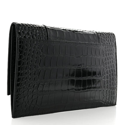 Balenciaga Shiny Calfskin Crocodile Embossed Hourglass Flap Flat Pouch Black 3 of 6