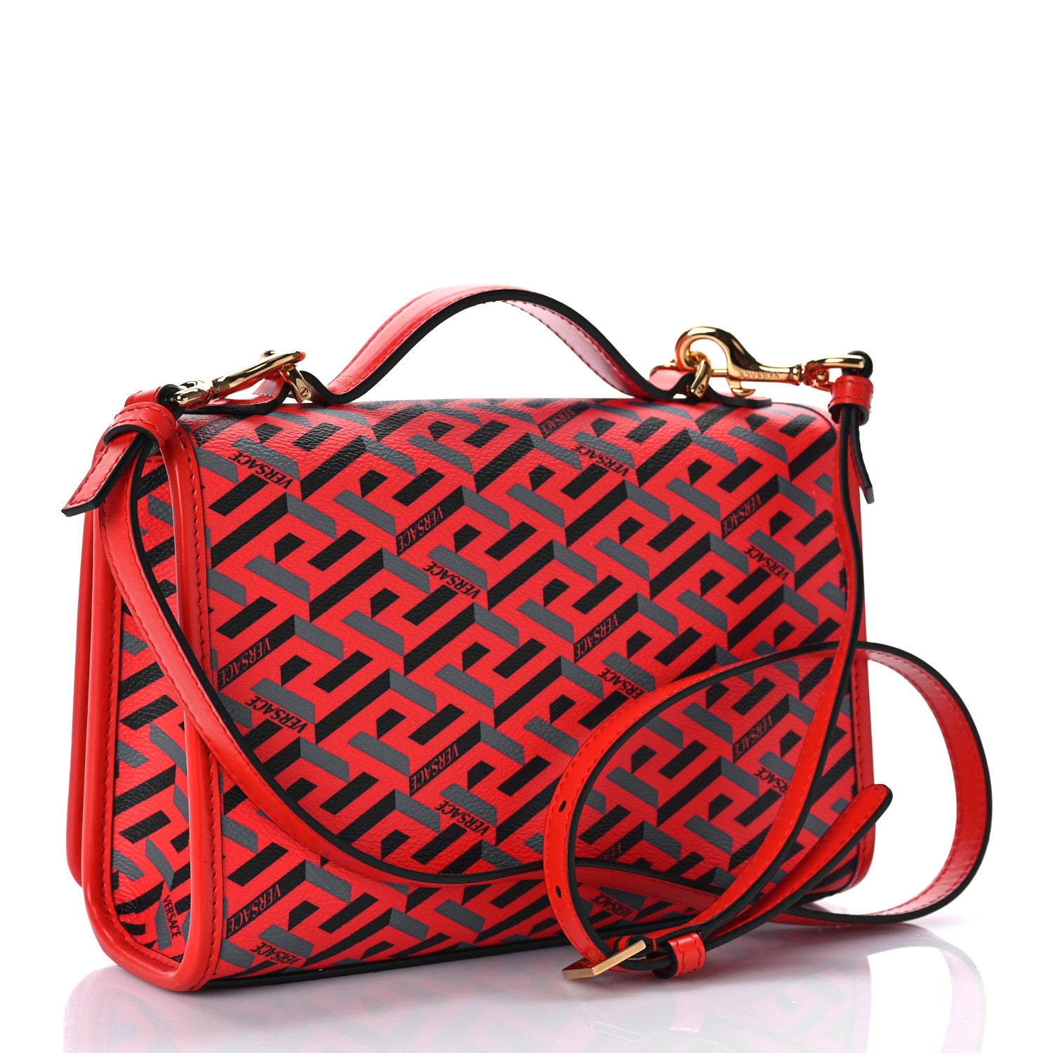 Versace Coated Canvas La Greca Signature Top Handle Bag Blue Red 3 of 8
