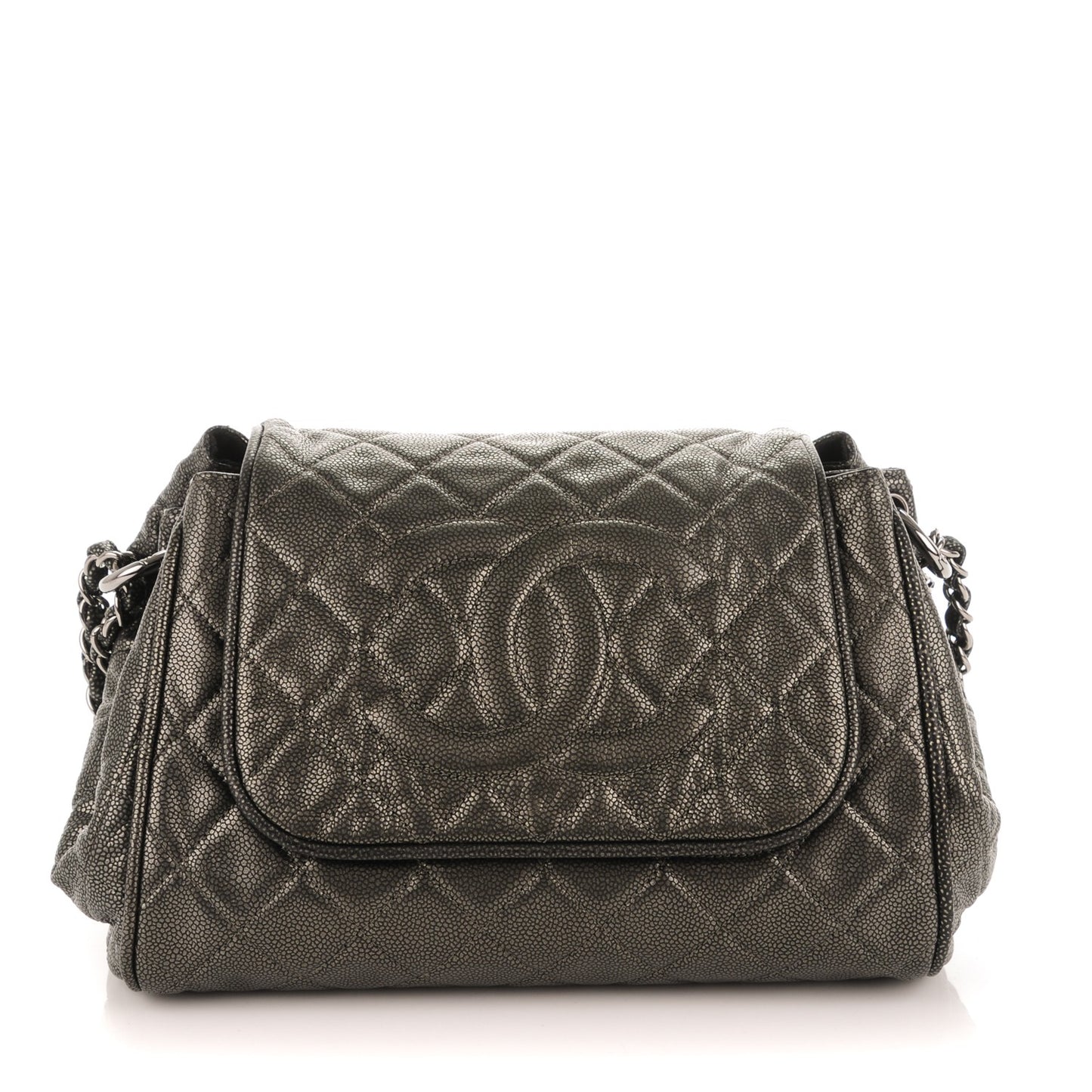 Metallic Caviar Quilted Timeless Accordion Flap Dark Silver