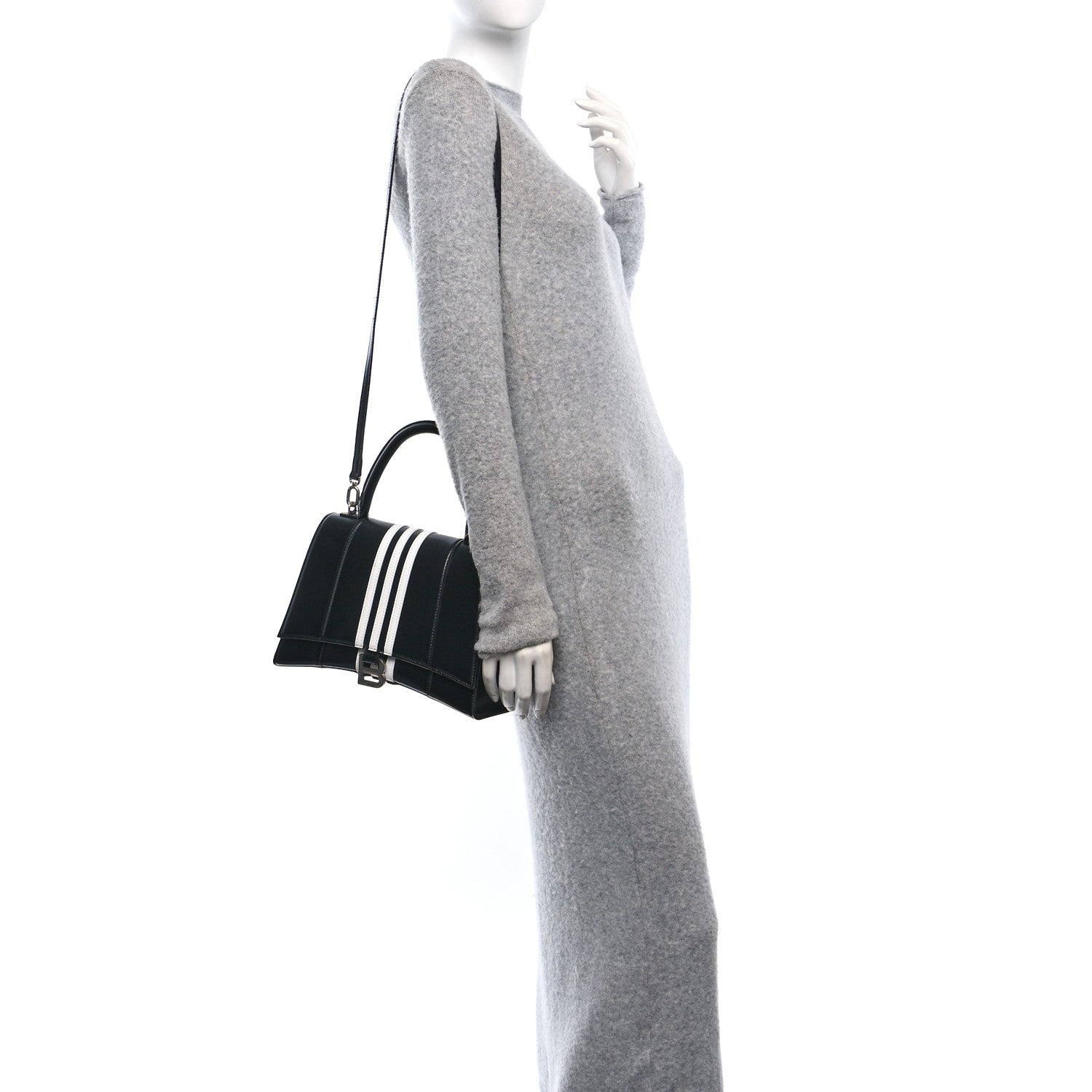 Balenciaga X ADIDAS Shiny Box Calfskin Medium Hourglass Top Handle Bag Black White 2 of 9