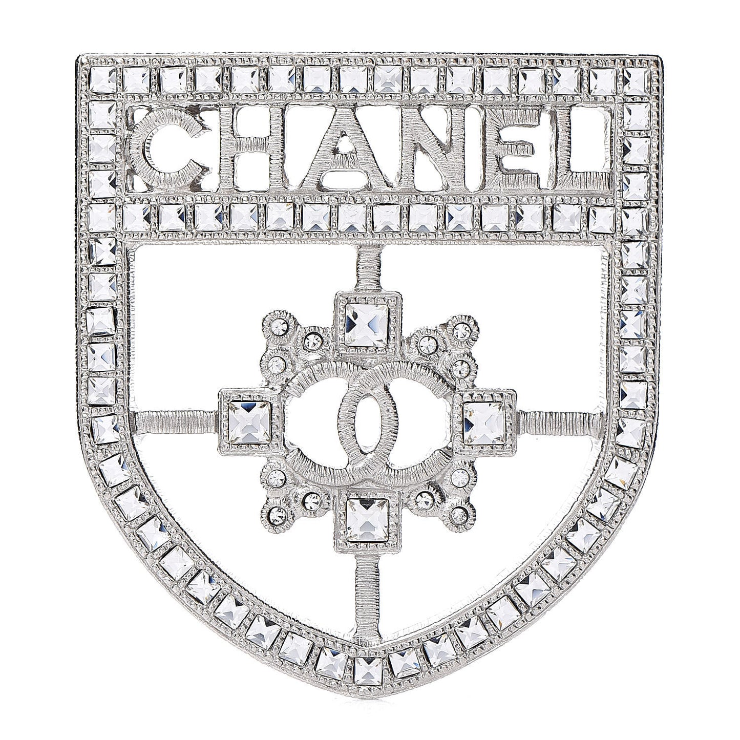 Swarovski Baguette Crystal CC Shield Brooch Silver