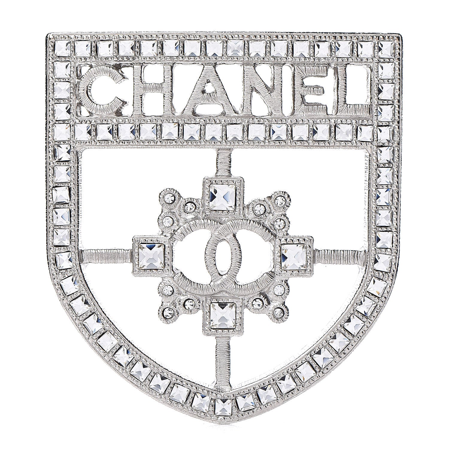 Chanel Swarovski Baguette Crystal CC Shield Brooch Silver 1 of 5