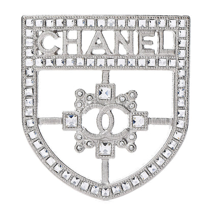 Chanel Swarovski Baguette Crystal CC Shield Brooch Silver 1 of 5