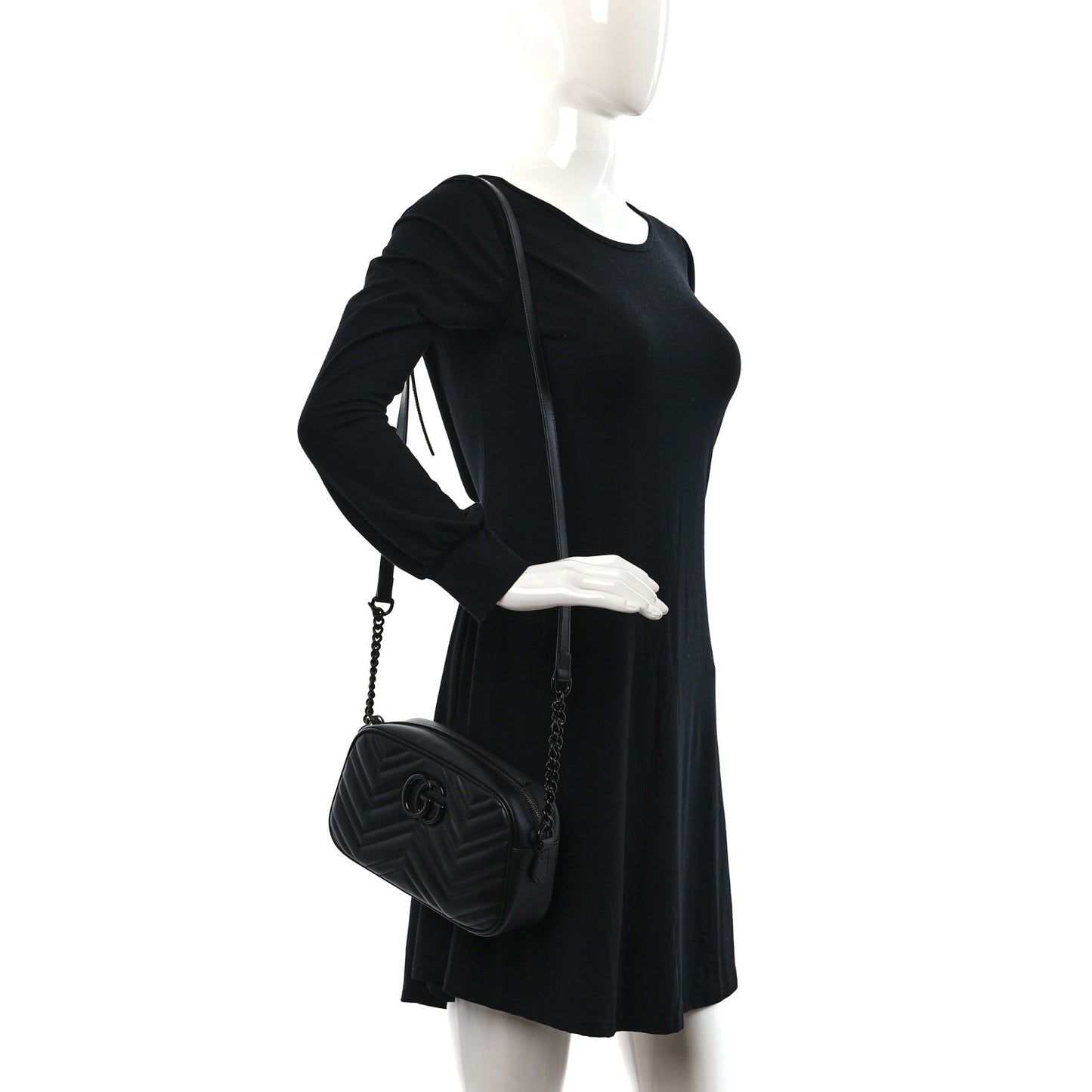 Calfskin Matelasse Monochrome Small GG Marmont Chain Shoulder Bag Black