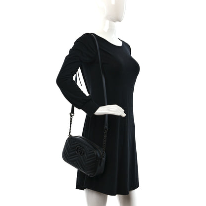 Gucci Calfskin Matelasse Monochrome Small GG Marmont Chain Shoulder Bag Black 2 of 12