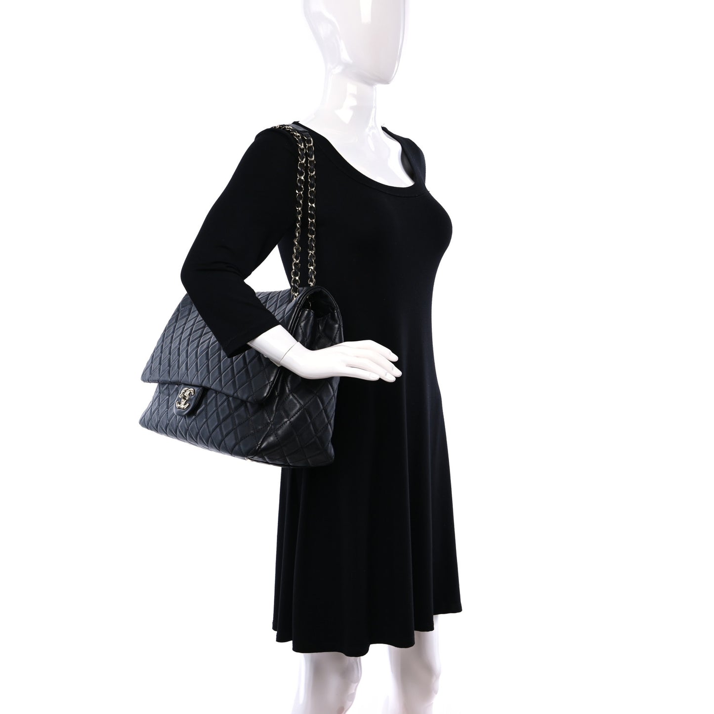 Calfskin Quilted XXL Travel Flap Bag Black