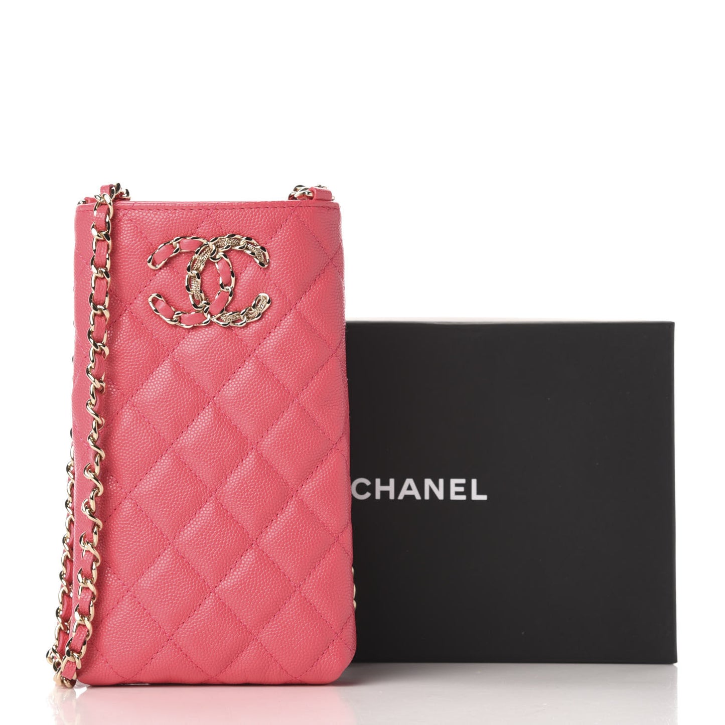 Caviar Quilted French New Wave Phone Holder With Chain Pink