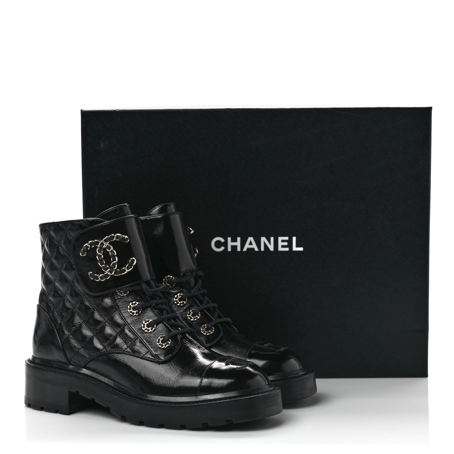 Chanel Shiny Calfskin Quilted Lace Up Combat Boots 37.5 Black 9 of 9