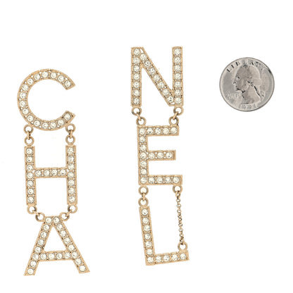 Chanel Crystal Cha-Nel Logo Drop Earrings Gold 2 of 4