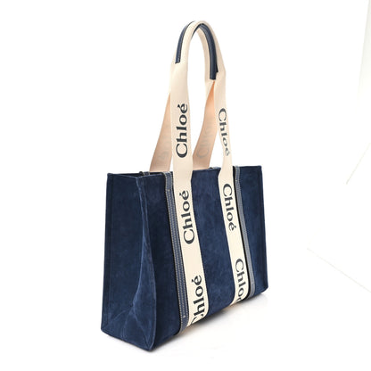 Chloe Suede Calfskin Medium Woody Ribbon Tote Navy 3 of 9