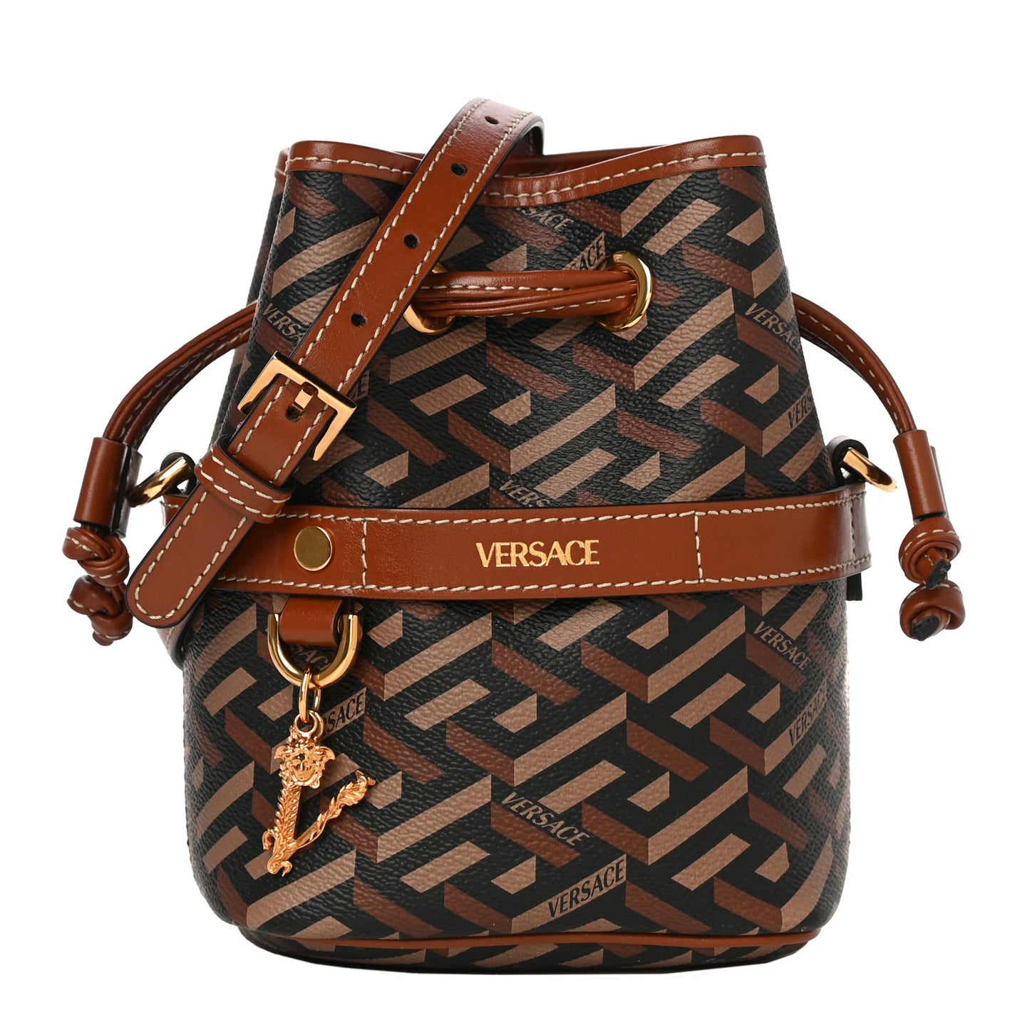Coated Canvas La Greca Mini Bucket Bag Black Caramel