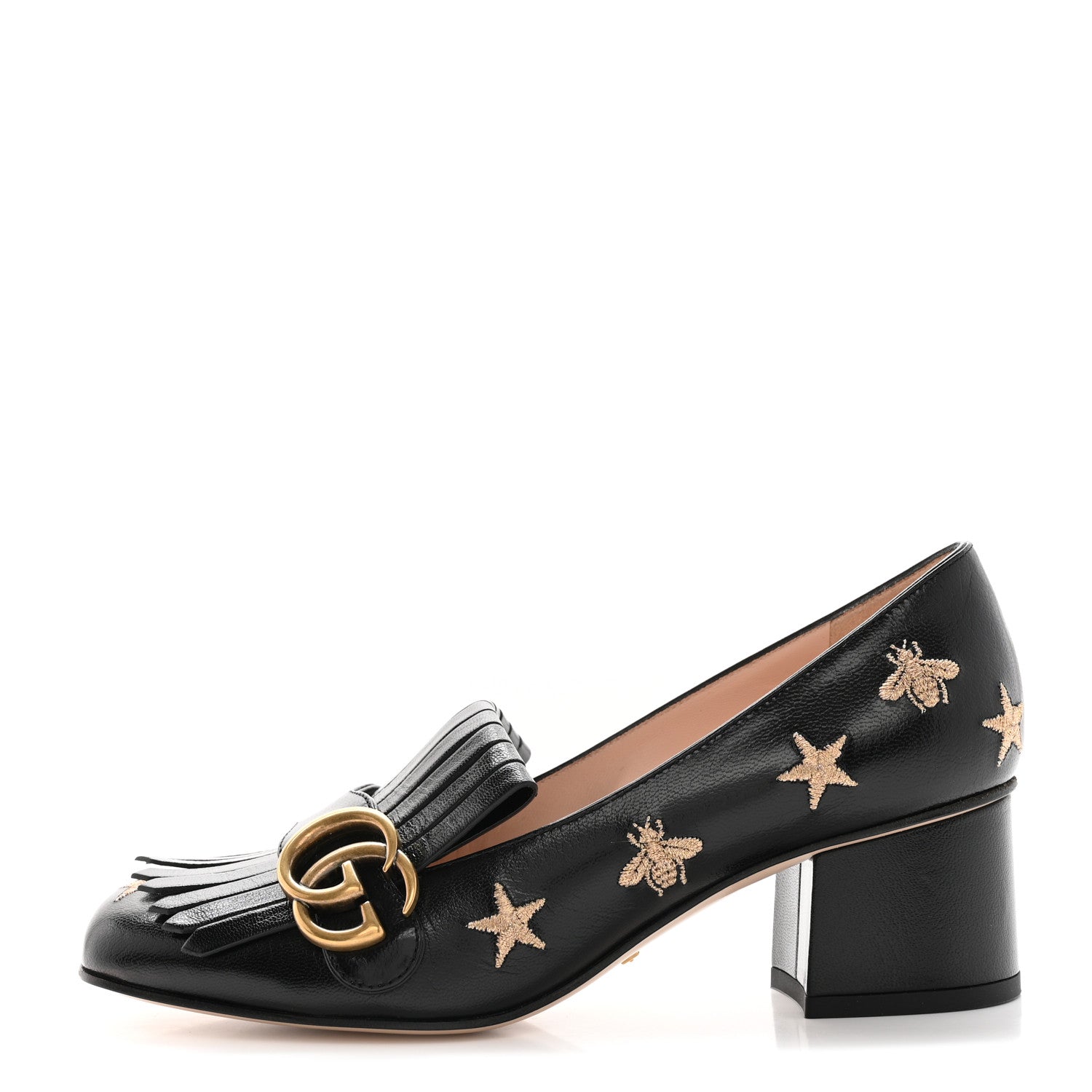 Gucci Quentin Goatskin Bee Star Embroidered GG Marmont Fringe 50mm Loafer Pumps 37 Black 1 of 17