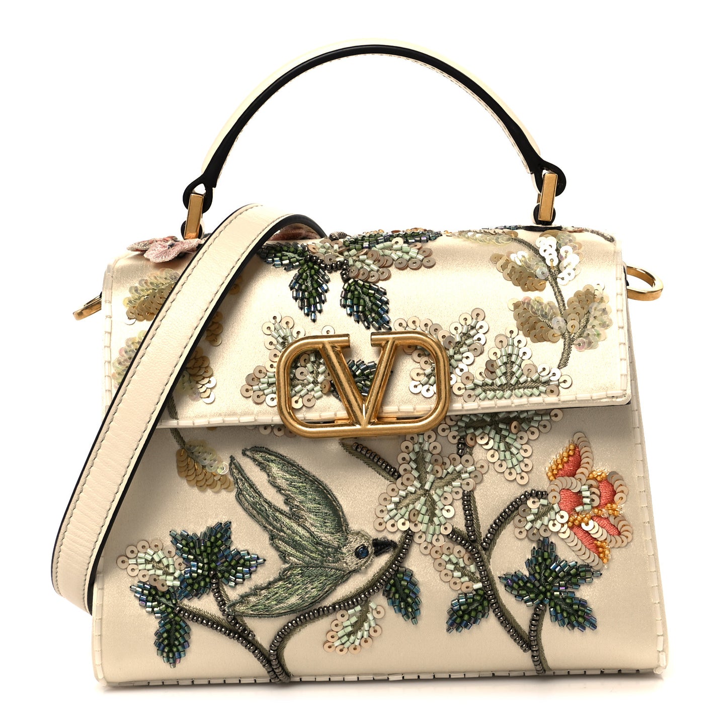 Satin Sequin Beaded Embroidered Flower Bird Mini Vsling Top Handle Bag Light Ivory Multicolor