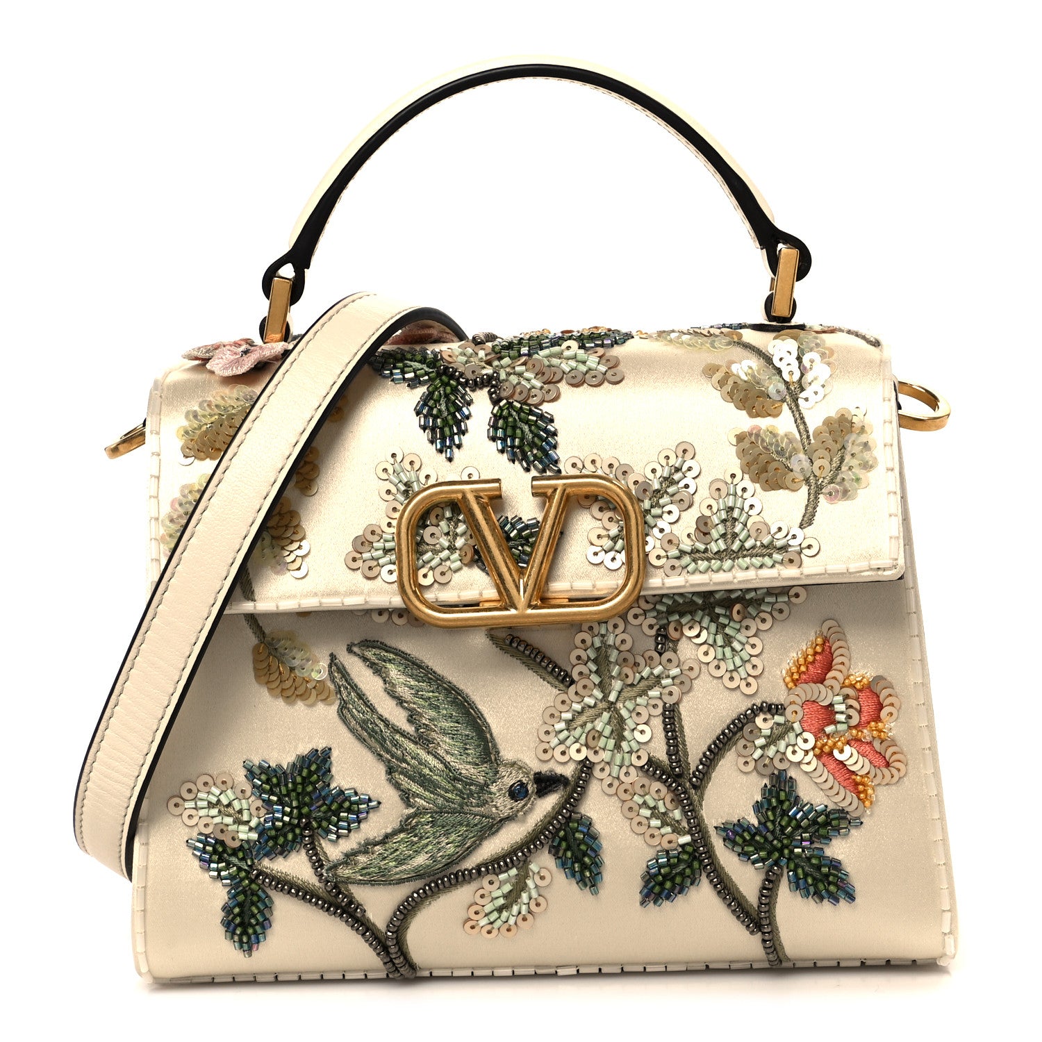 Valentino Garavani Satin Sequin Beaded Embroidered Flower Bird Mini Vsling Top Handle Bag Light Ivory Multicolor 1 of 10