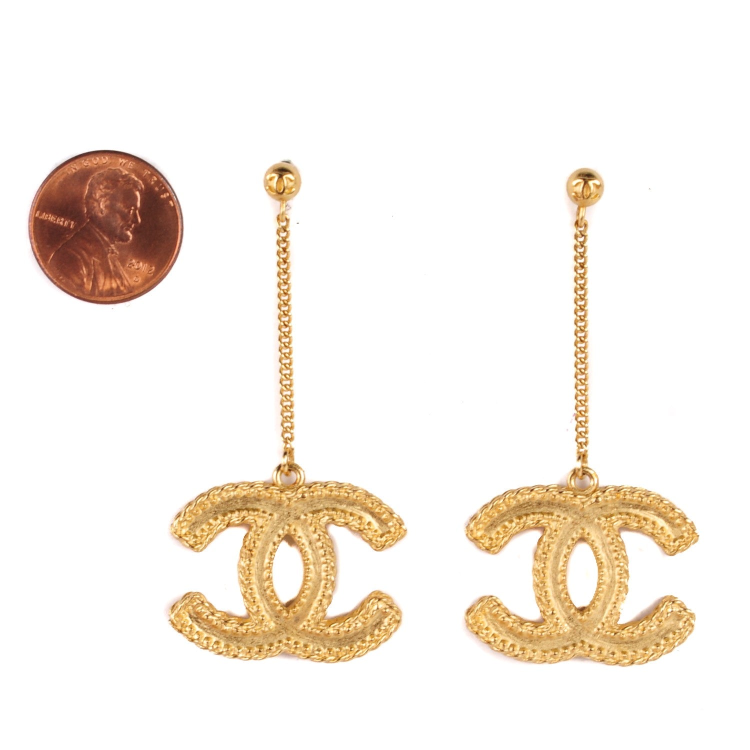 Chanel CC Drop Earrings Matte Gold 2 of 3