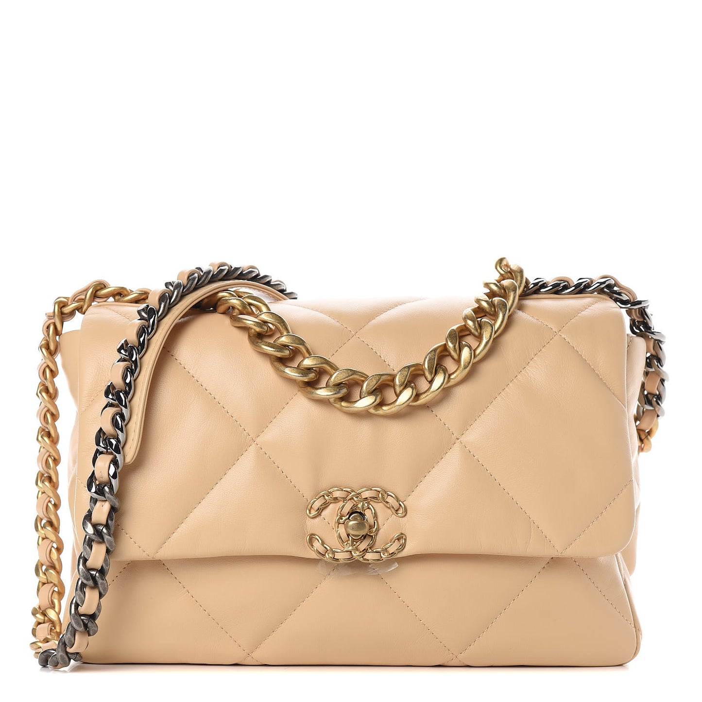 Shiny Goatskin Quilted Large 19 Flap Beige