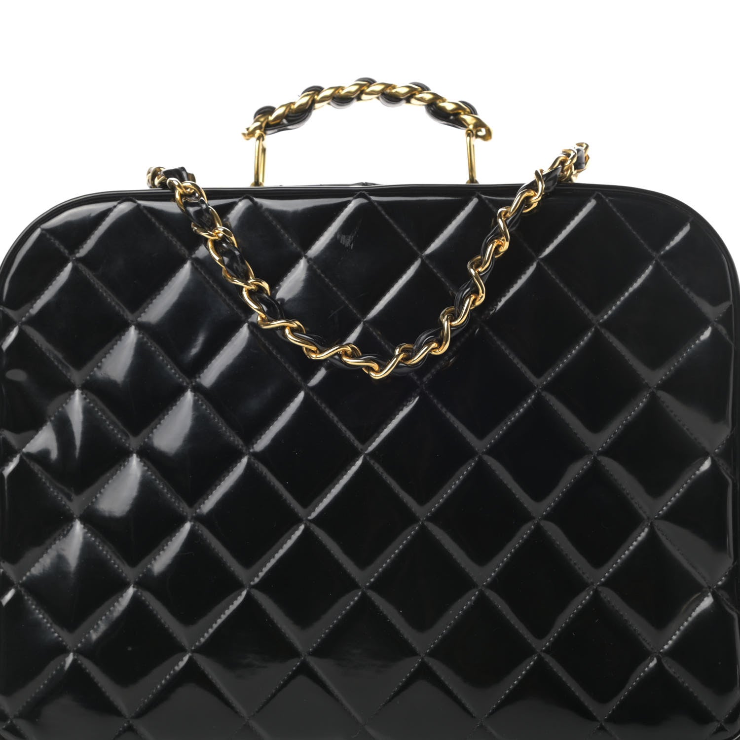 Chanel Patent Quilted Top Handle Lunch Box Carryall Shoulder Bag Black 9 of 15