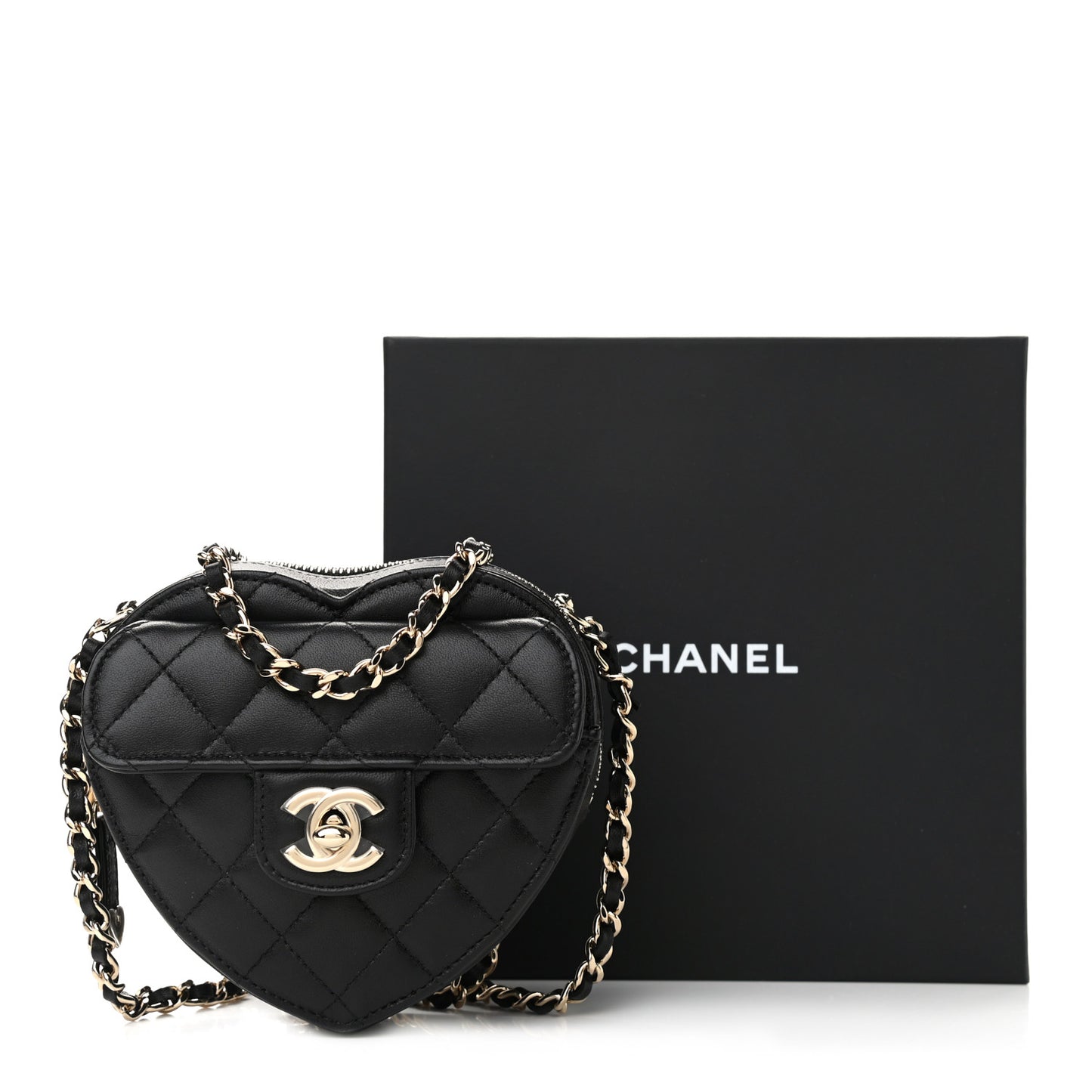 Lambskin Quilted CC In Love Heart Clutch With Chain Black