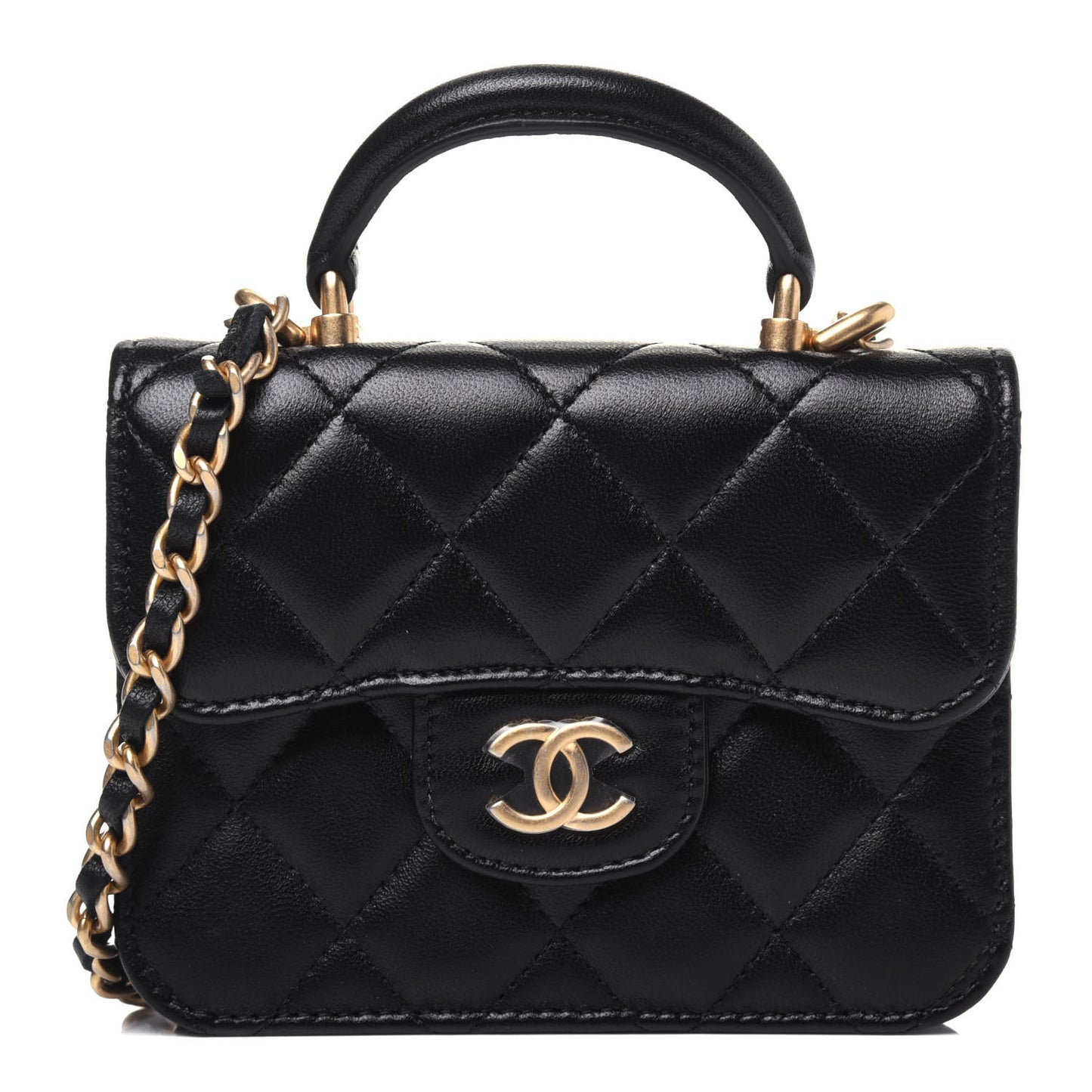 Lambskin Quilted Top Handle Flap Coin Purse With Chain Black
