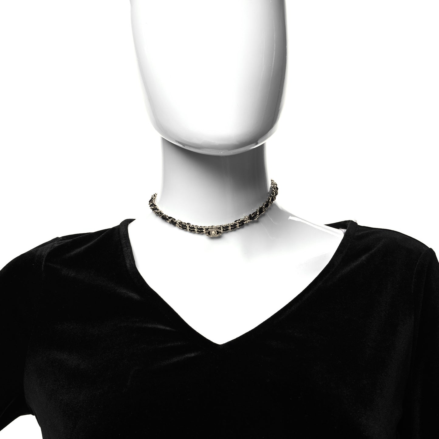 Metal Lambskin Crystal CC Choker Necklace Black Gold