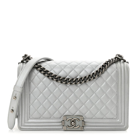 Metallic Calfskin Quilted New Medium Plexiglass Boy Flap Silver