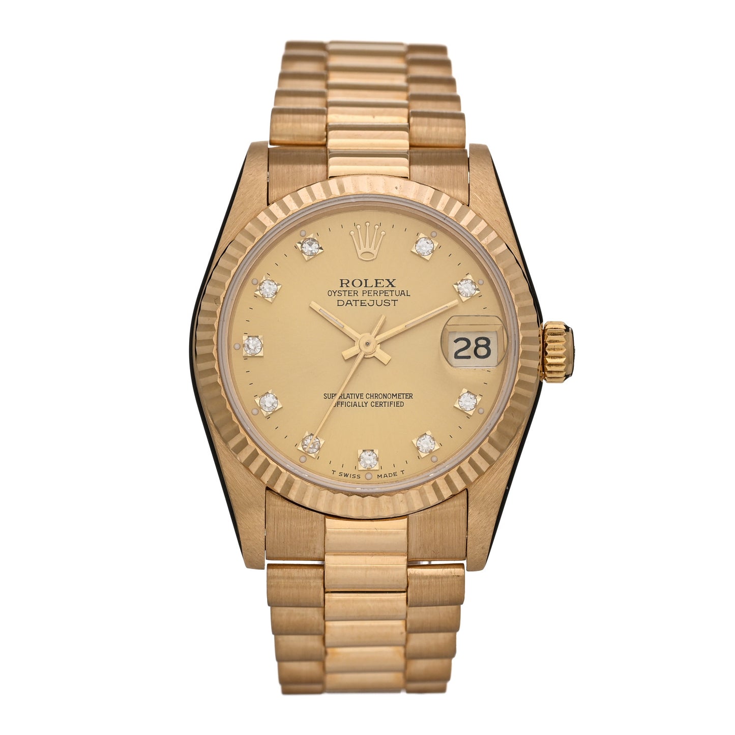 18K Yellow Gold Diamond 31mm Oyster Perpetual Datejust President Watch Champagne 68278