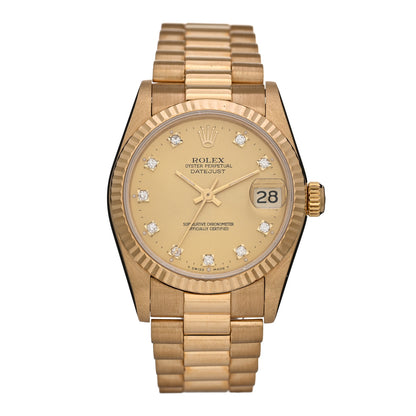 Rolex 18K Yellow Gold Diamond 31mm Oyster Perpetual Datejust President Watch Champagne 68278 1 of 5