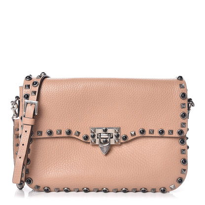 Valentino Garavani Pebbled Calfskin Medium Rockstud Rolling Flap Saddle Bag Soft Noisette 1 of 9