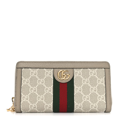 Gucci GG Supreme Monogram Textured Dollar Calfskin Web Ophidia Zip Around Wallet Beige Mystic White Oatmeal 1 of 8