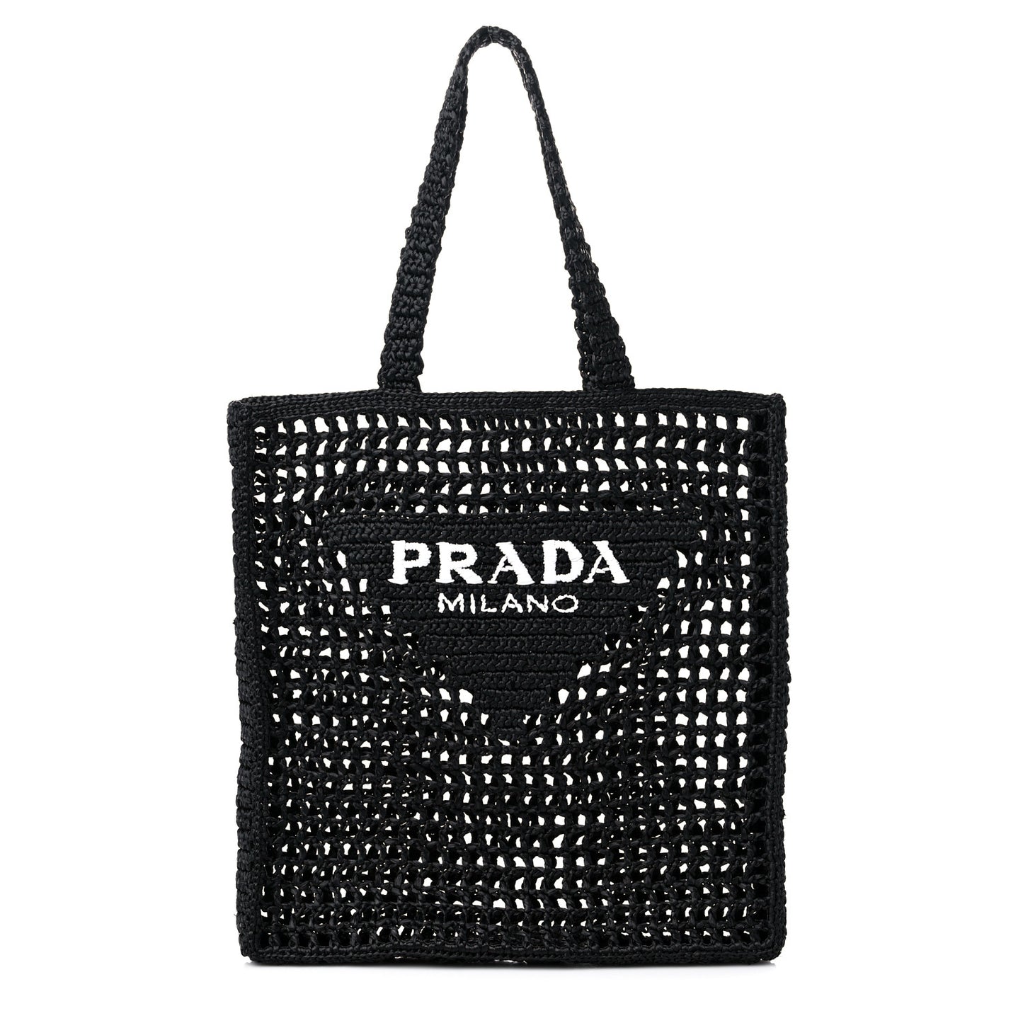 Yarn Raffia Effect Crochet Logo Embroidered Tote Bag Black