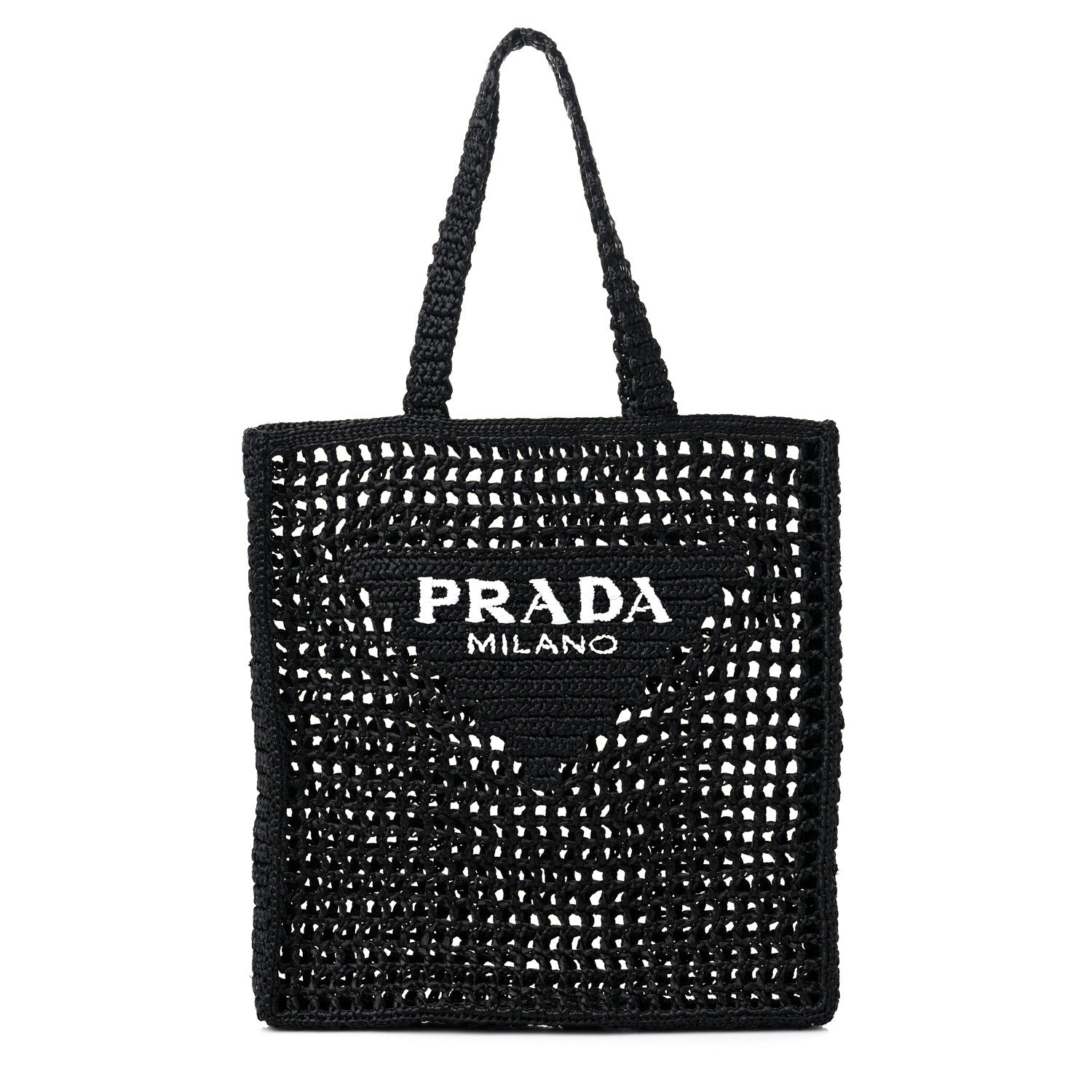 Prada Yarn Raffia Effect Crochet Logo Embroidered Tote Bag Black 1 of 8