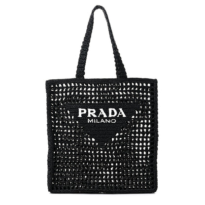 Prada Yarn Raffia Effect Crochet Logo Embroidered Tote Bag Black 1 of 8