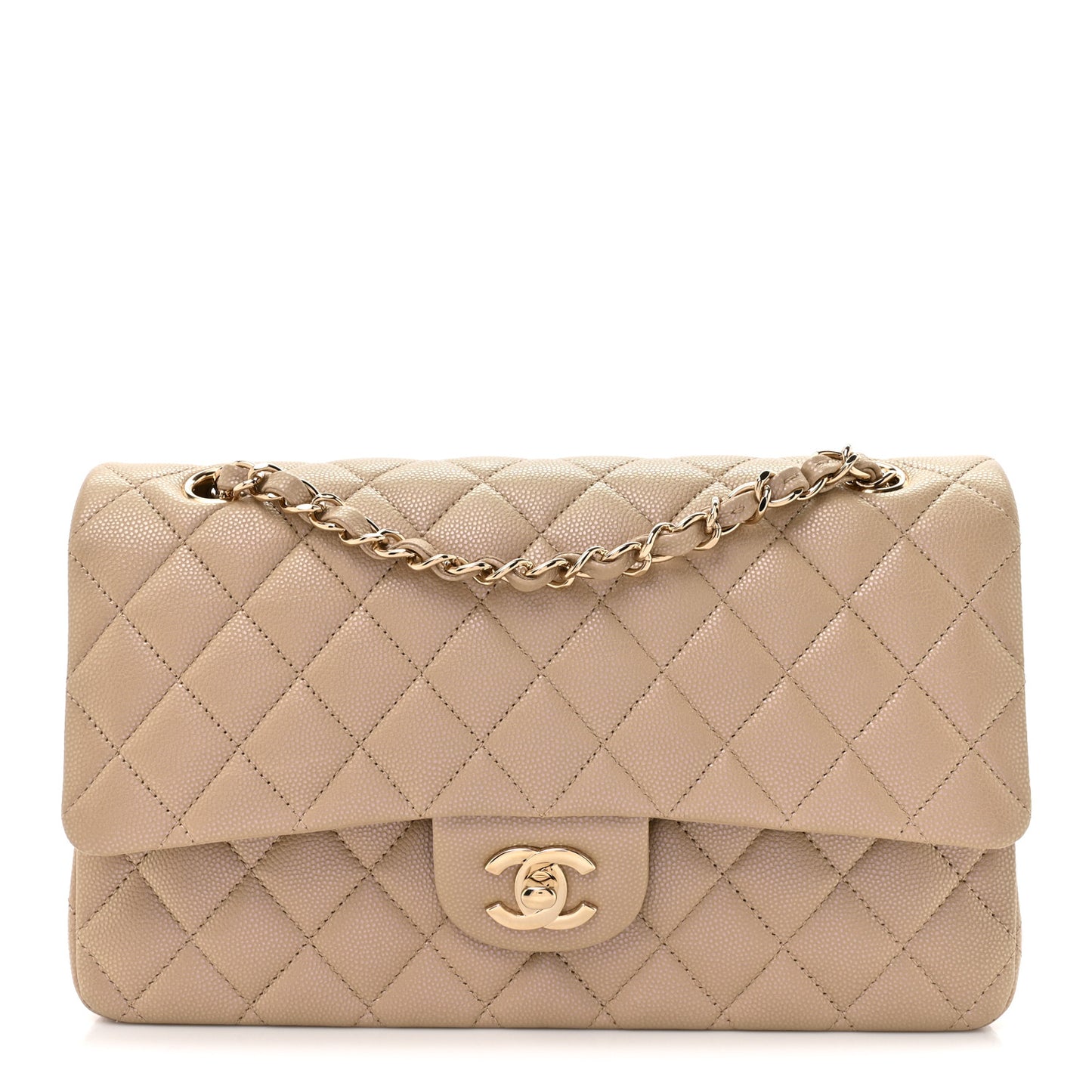 Iridescent Caviar Quilted Medium Double Flap Dark Beige