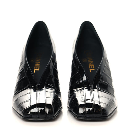 Chanel Crocodile Embossed Patent Calfskin Pumps 38.5 Black 7 of 20