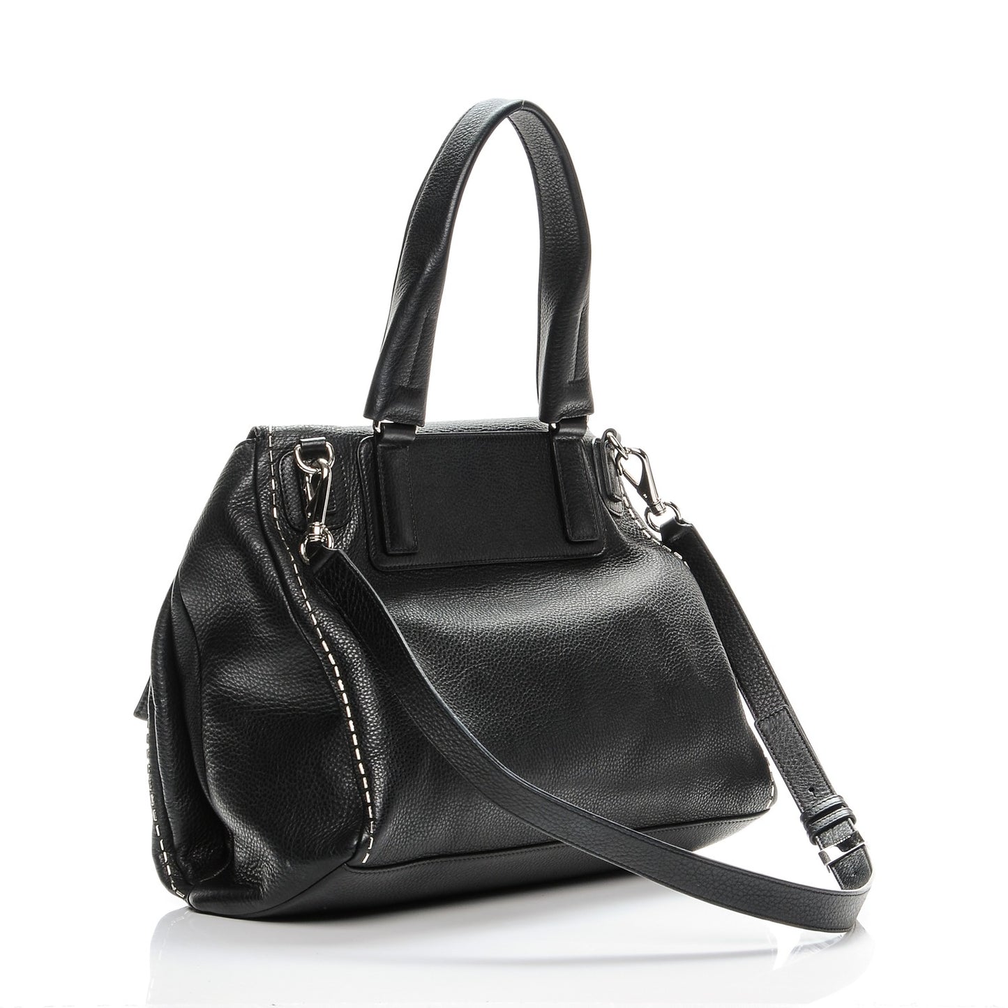 Grained Calfskin Metal Stitch Medium Pandora Pure Flap Bag Black