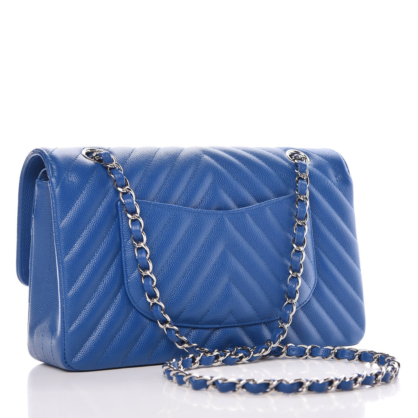 Caviar Chevron Quilted Medium Double Flap Blue